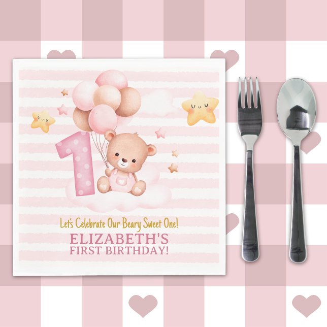 Beary Sweet One Birthday | Pink Boho Bear Girl Pappersservett (Skapare uppladdad)