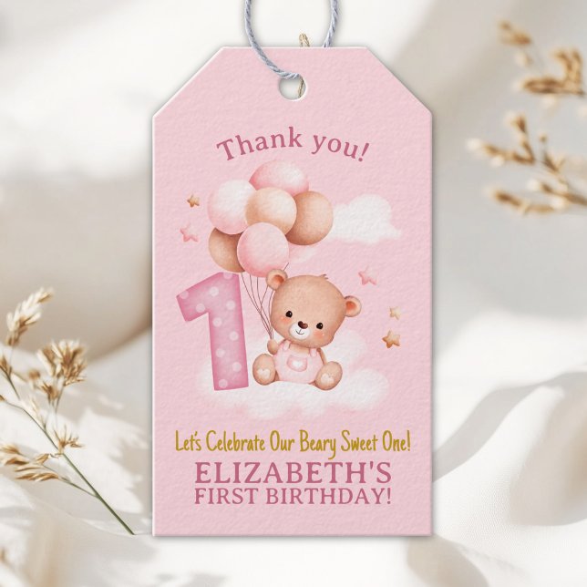 Beary Sweet One Gift | Boho Pink Bear Birthday Presentetikett (Skapare uppladdad)