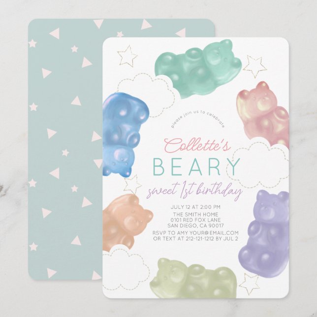 Beary Sweet Pastel Gummy Bear Girl 1 Birthday Inbjudningar (Fram/baksida)