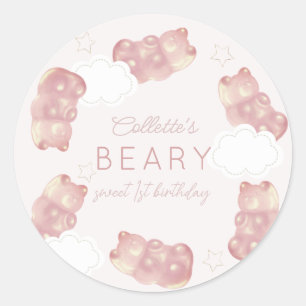 Beary Sweet Rosa Gummy Bear Girl Birthday Runt Klistermärke