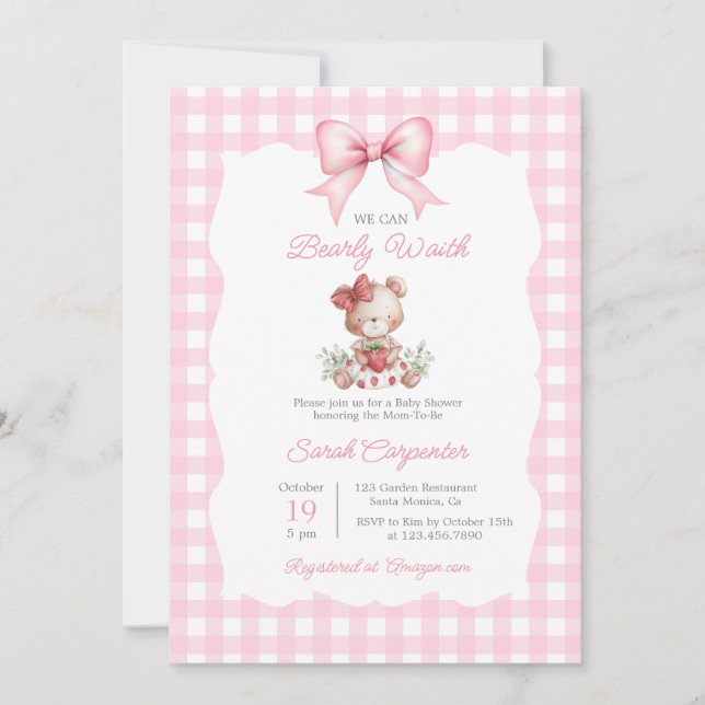 Beary Sweet Strawberry Baby Shower Girl Inbjudningar (Framsida)