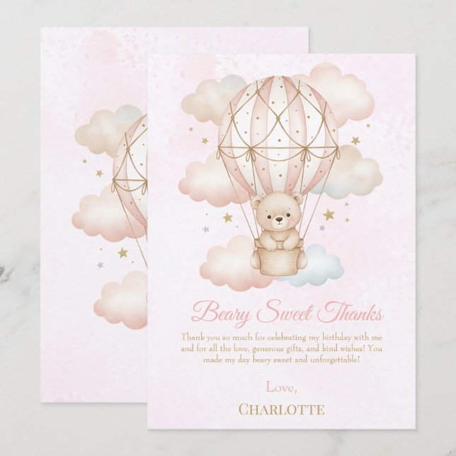 Beary Sweet Varmt Luftballong 1-årsdag  Tack Kort (Fram/baksida)