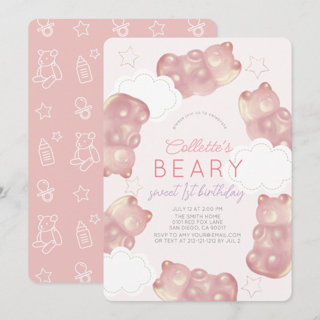 Beary Wait Rosa Gummy Bear Girl 1 Birthday Inbjudningar (Fram/baksida)