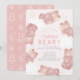 Beary Wait Rosa Gummy Bear Girl 1 Birthday Inbjudningar
