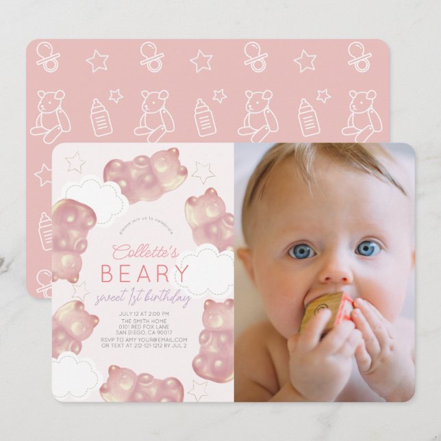 Beary Wait Rosa Gummy Bear Girl 1 Birthday Inbjudningar (Fram/baksida)