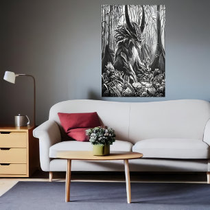 beast för svartvita konst i skogen AI Art Poster