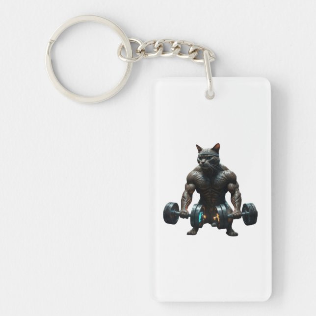 Beast Mode Gym Cat Keychain – Muscular Fitness Key (Framsidan)