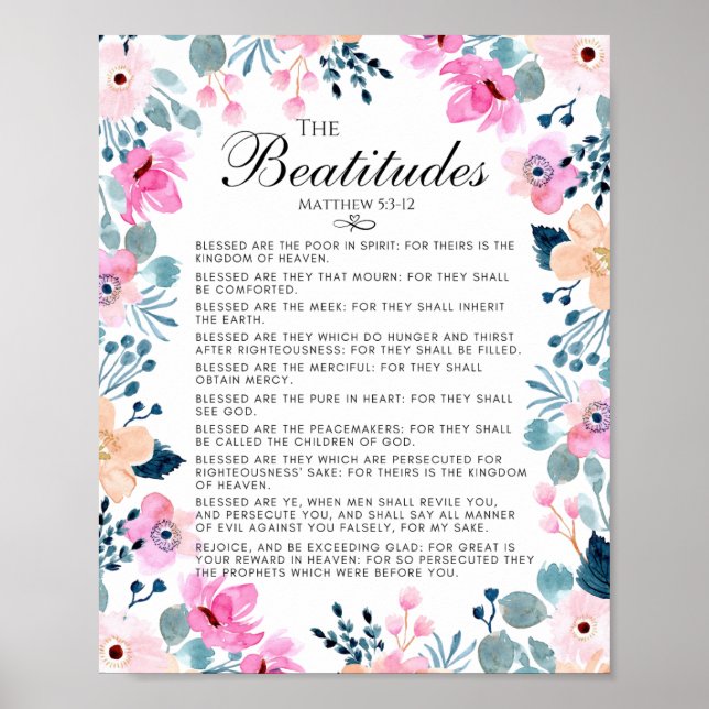 Beatitudes Matthew 5:3-12 Blommigt Bible Verse Poster (Framsidan)
