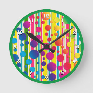 [Beatnik Bubbles] Retro Polka Dot Stripe-Grönt Rund Klocka