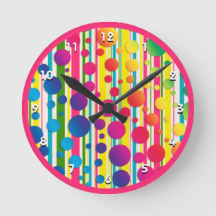 [Beatnik Bubbles] Retro Polka Dot Stripe Rosa Rund Klocka