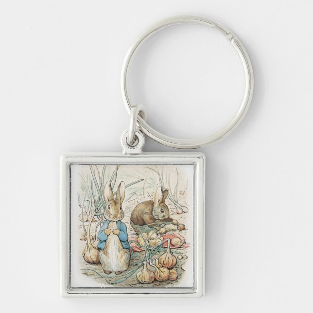 Beatrix Potter Peter Rabbit och Benjamin Bunny Fyrkantig Silverfärgad Nyckelring (Framsidan)