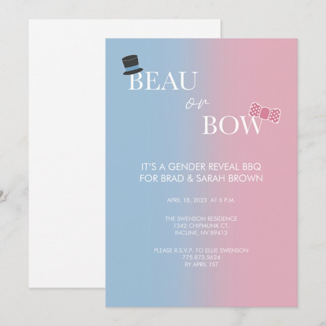 Beau eller Bow Gender Reveal Party-inbjudan Meddelande (Fram/baksida)