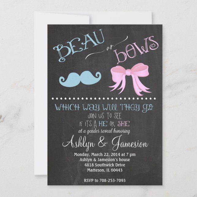 Beau Mustach Bows Gender Reveal Party-inbjudan Inbjudningar (Framsida)