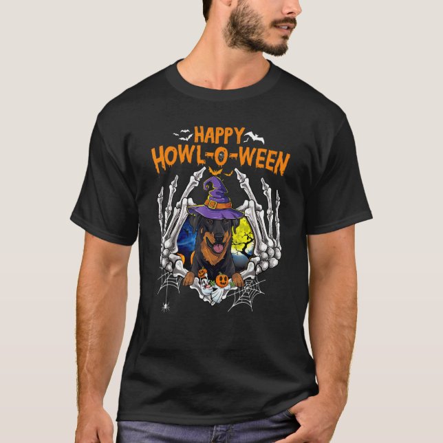 Beauceron Skeleton Heart Lycklig Howl O Ween Costu T Shirt (Framsida)