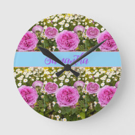 Beauitativt Rosa ros och Daisy Blommigt Rund Klocka