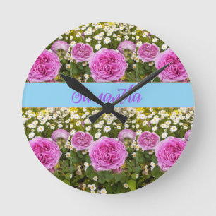 Beauitativt Rosa ros och Daisy Blommigt Rund Klocka