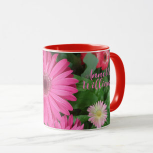 BEAUITFUL ROSA RED GERBERA FLOWERS BLOMMIGT OCH NA MUGG
