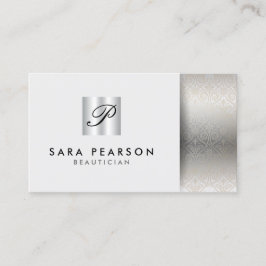 Beautician Elegant Silver Monogram Damask Visitkort