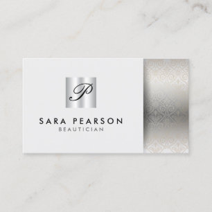 Beautician Elegant Silver Monogram Damask Visitkort