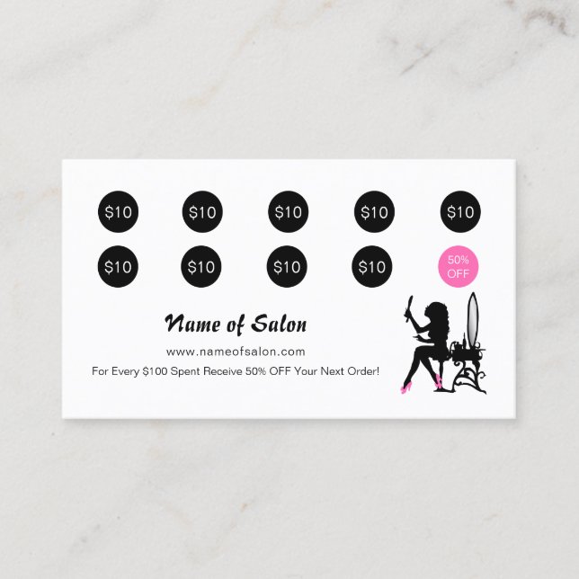 Beautician Rosa och svart Girly Girl Salon Loyalty Lojalitetskort (Framsida)