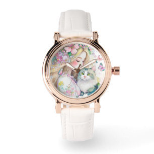 Beautidul vattenfärgskvinna med kattillustration armbandsur