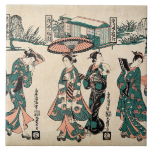 Beauties från Fukagawa. Triptych Kakelplatta