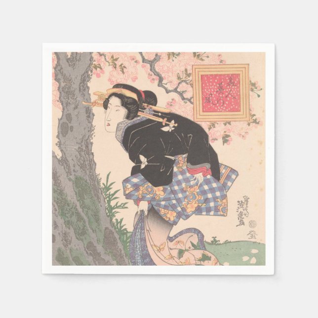 Beauties under Cherry Blommars Vintage Ukiyo-e Pappersservett (Framsidan)