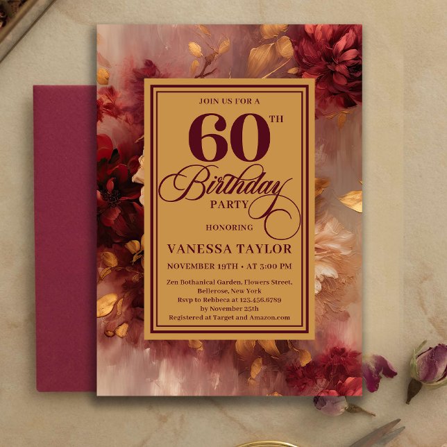 Beautiful 60th Birthday Burgundy Roses Gold Invite Inbjudningar (Beautiful 60th Birthday Burgundy Roses Gold Invitation)