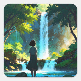 Beautiful Anime Waterfall Illustration Fyrkantigt Klistermärke