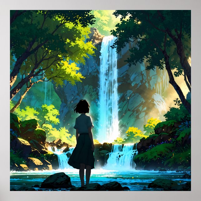 Beautiful Anime Waterfall Illustration Poster (Framsidan)