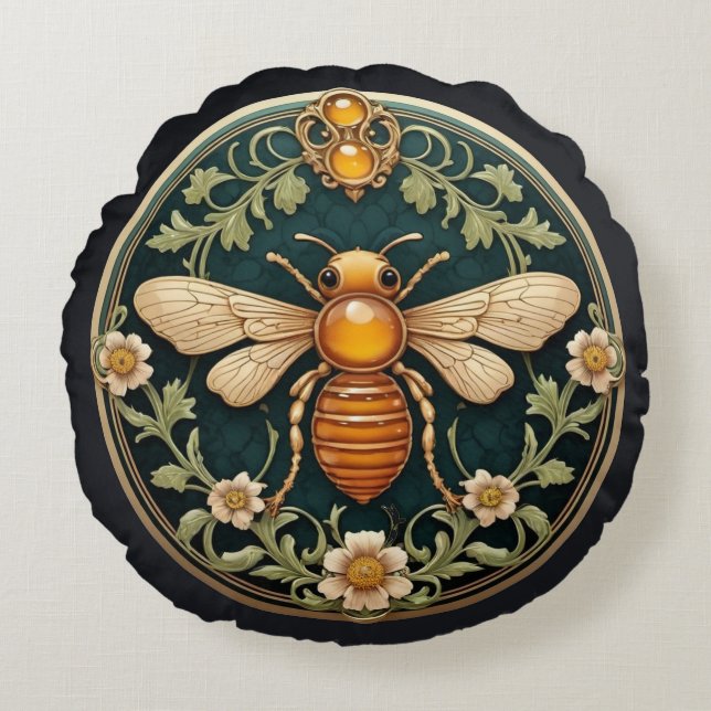 Beautiful Art Nouveau Bee Rund Kudde (Framsidan)