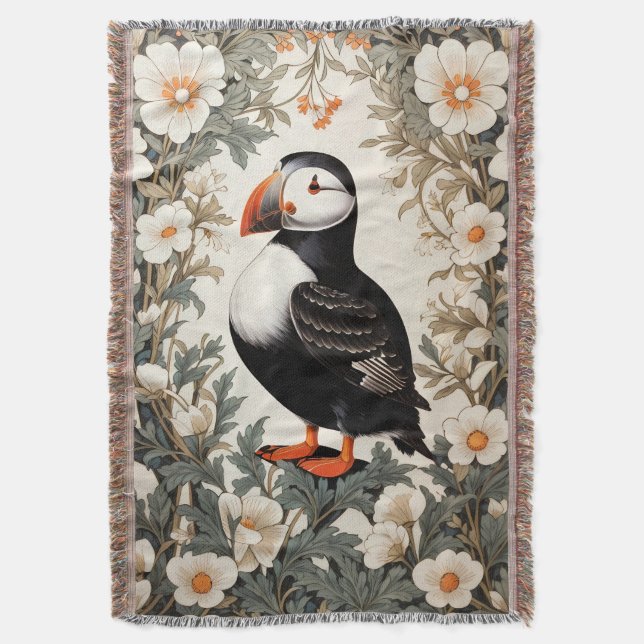 Beautiful Atlantic Puffin White Flowers Filt (Framsidan Vertikal)