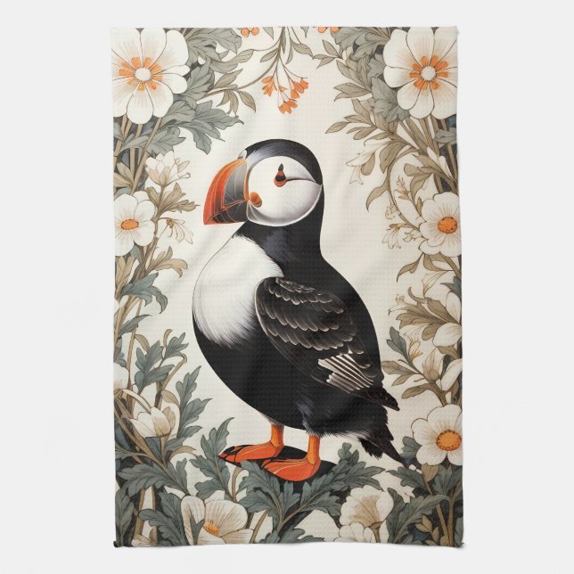 Beautiful Atlantic Puffin White Flowers Kökshandduk (Vertikal)