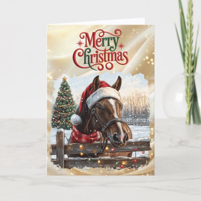 Beautiful Bay Horse with Red Ribbon Helgkort (Framsida)