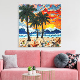 Beautiful Beach Scene with Palm Trees Canvastryck
