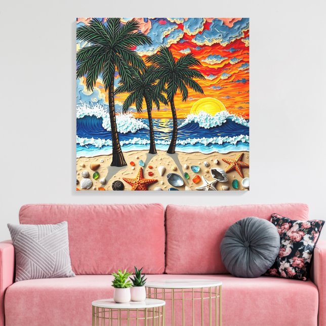 Beautiful Beach Scene with Palm Trees Canvastryck (Insitu (Vardagsrum))