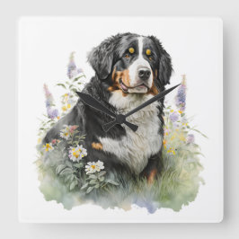 BEAUTIFUL BERNESE MOUNTAIN HUND MED BLOMMAR FYRKANTIG KLOCKA