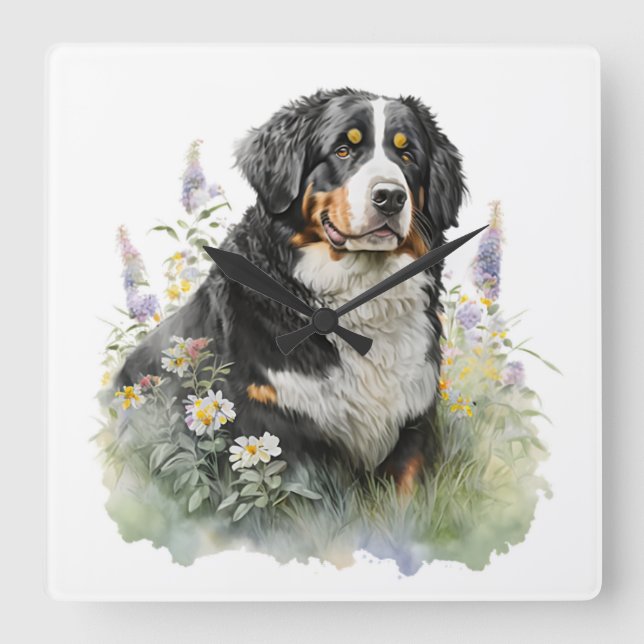BEAUTIFUL BERNESE MOUNTAIN HUND MED BLOMMAR FYRKANTIG KLOCKA (Framsida)