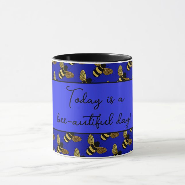 BEAUTIFUL BLACK GULD BUMBLEBEE LYCKLIG BEE TEXT MUGG (Center)