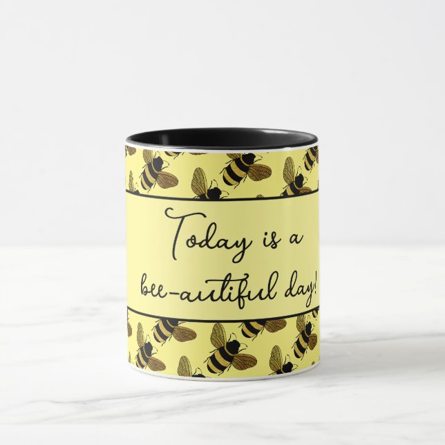 BEAUTIFUL BLACK GULD BUMBLEBEE LYCKLIG BEE TEXT MUGG (Center)