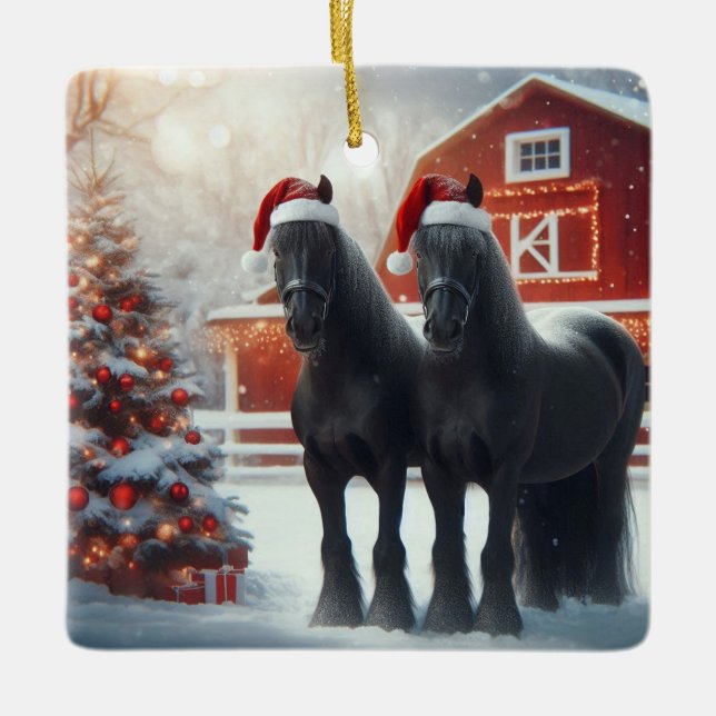 Beautiful Black Horses, Christmas Tree and Barn Julgransprydnad Keramik (Framsida)