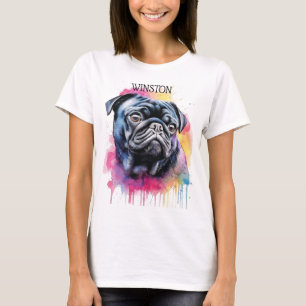 BEAUTIFUL BLACK PUG HUND ANSIKTE MED RAINBOW BAACK T SHIRT