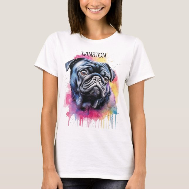 BEAUTIFUL BLACK PUG HUND ANSIKTE MED RAINBOW BAACK T SHIRT (Framsida)