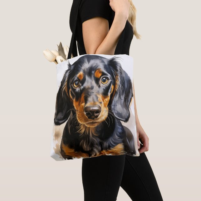 BEAUTIFUL BLACK & TAN DACHSHUND HUND TYGKASSE (Närbild)