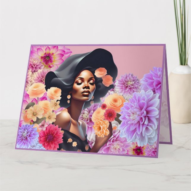 BEAUTIFUL BLACK WOMAN ROSA FLOWERS BUTTERFLIES KORT (Framsida)
