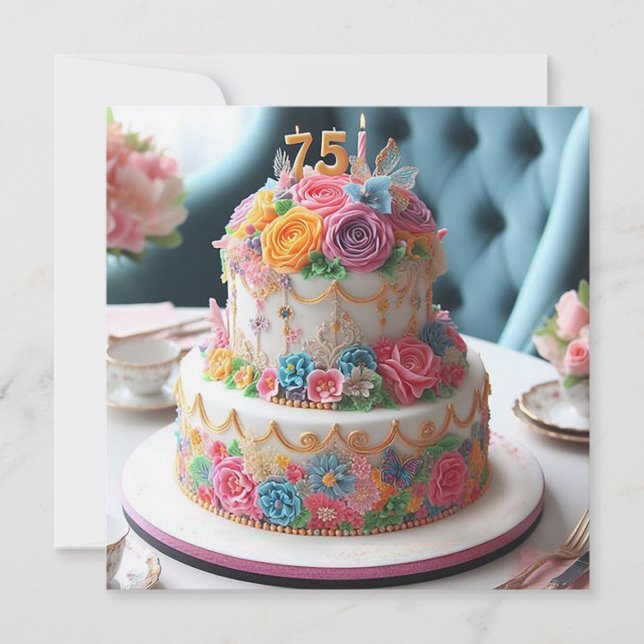 BEAUTIFUL BLOMMIGT 75:E BIRTHDAY CAKE KORT (Framsida)