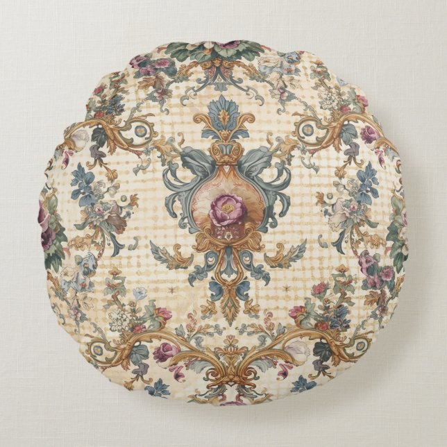 Beautiful, Blue Beigi Gold Ornament Flowers Rund Kudde (Framsidan)