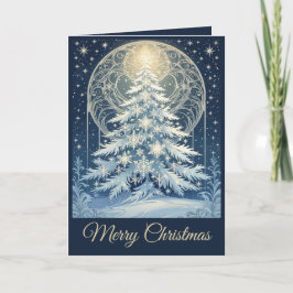 Beautiful Blue Christmas Yule Tree Snow And Stars Helgkort
