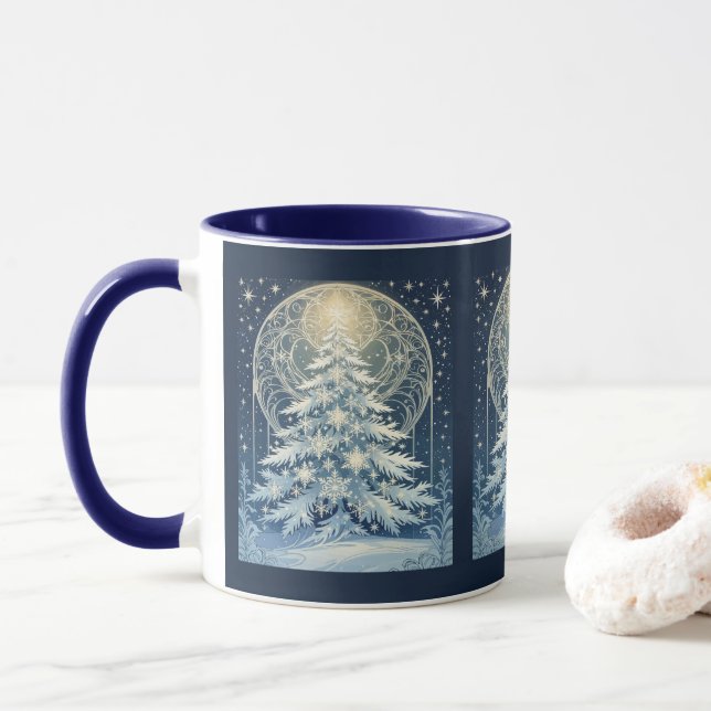 Beautiful Blue Christmas Yule Tree Snow And Stars Mugg (Med munk)