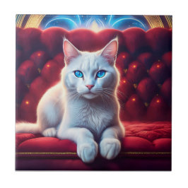 Beautiful Blue Eyed Albino Cat On Exotic Red Sofa Kakelplatta